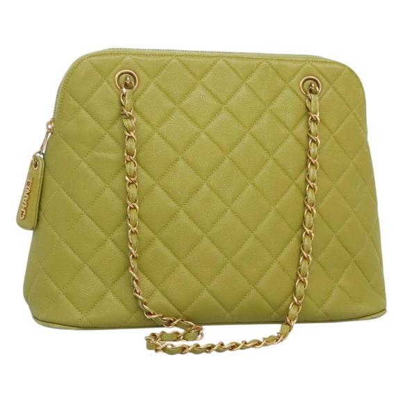 CHANEL Chain Shoulder Bag Caviar Skin Green Gold CC Auth MX494 - Picture 1 of 16